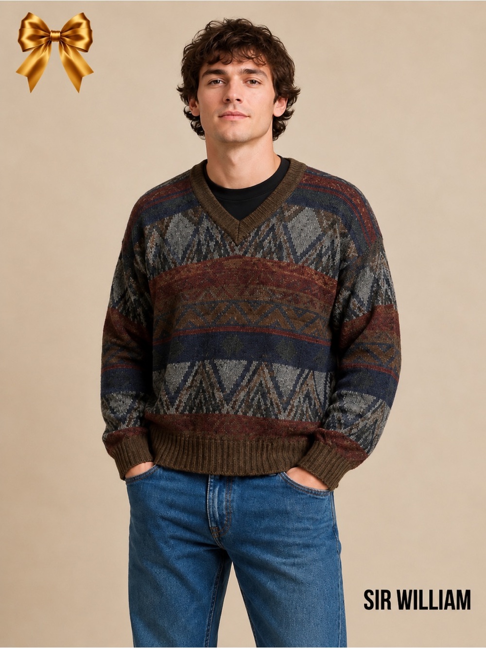 Sir William Vintage Geometric Knit Sweater Multi Colored Men’s XL Made in Korea